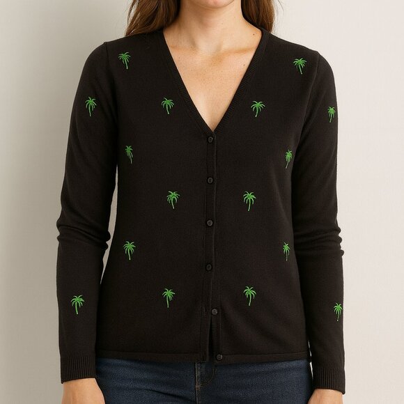Made in Macau Black Palm Tree Embroidered Button Down Cardigan Size Large - Picture 1 of 4
